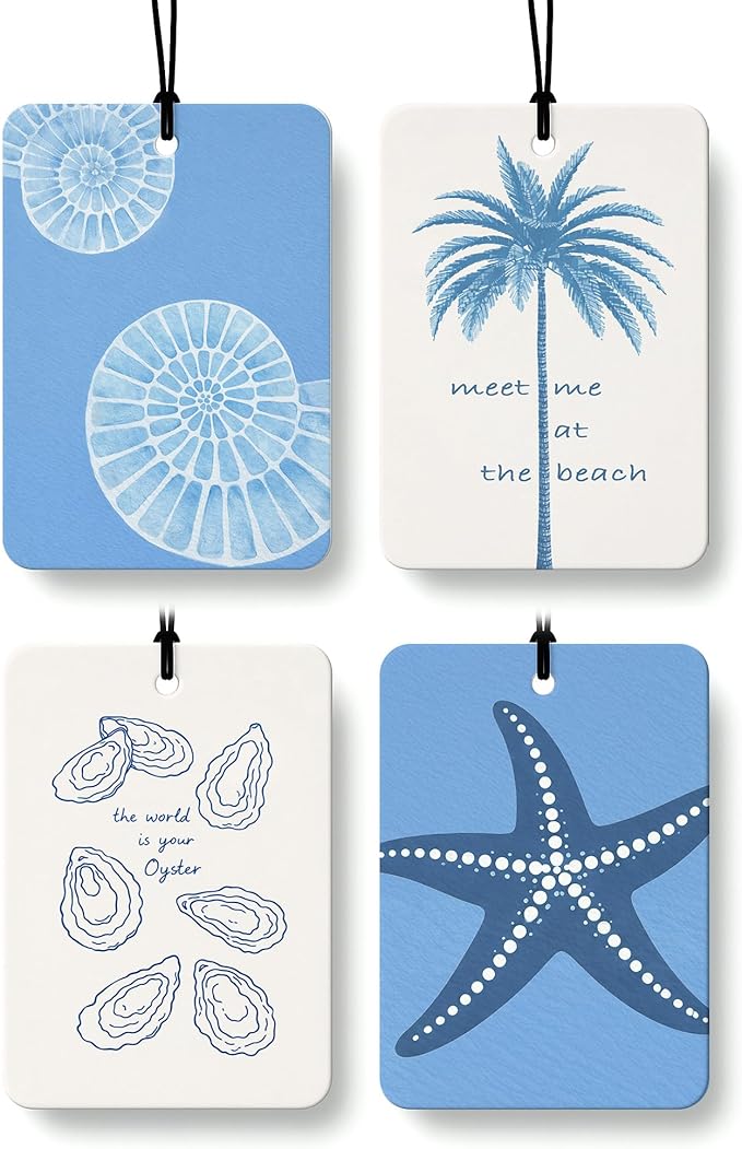 Blue Coastal Beach Orange Citrus Car Air Freshener 4pcs, Blue Palm Tree Conch Oyster Shell Starfish Beachy Hanging Scents Car Accessories Interior Mirror Decor for Women Girls