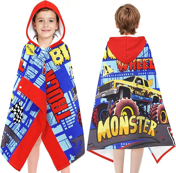 Hooded Towels for Kids - Superfine Fiber Monster Truck Toddler Hood Bath Towels Beach Hooded Poncho Absorbent Pool Toddler Swim Bath Wrap for Boys & Girls 3-10 Years Beach Essentials, 50*30 inches