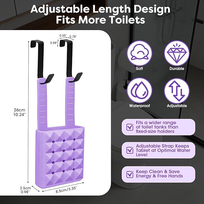 2Pcs Adjustable Toilet Tank Tablet Holder-Hanging Silicone Basket Carrier with Rustproof Hooks for Bowl Cleaner & Bleach Tablet Hanger Pouch Organizer, Accessory Fit Up to 7" Water Level