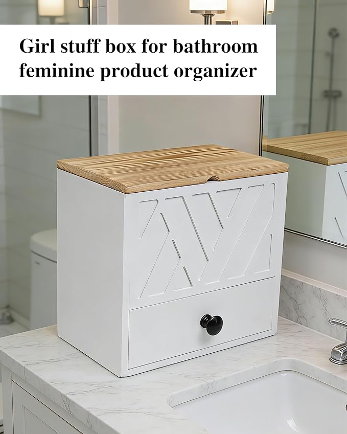 Tampon Holder for Bathroom Decor Feminine Product Organizer With Lid & Drawer Shark Week Box Girl Stuff (1, WHITE)