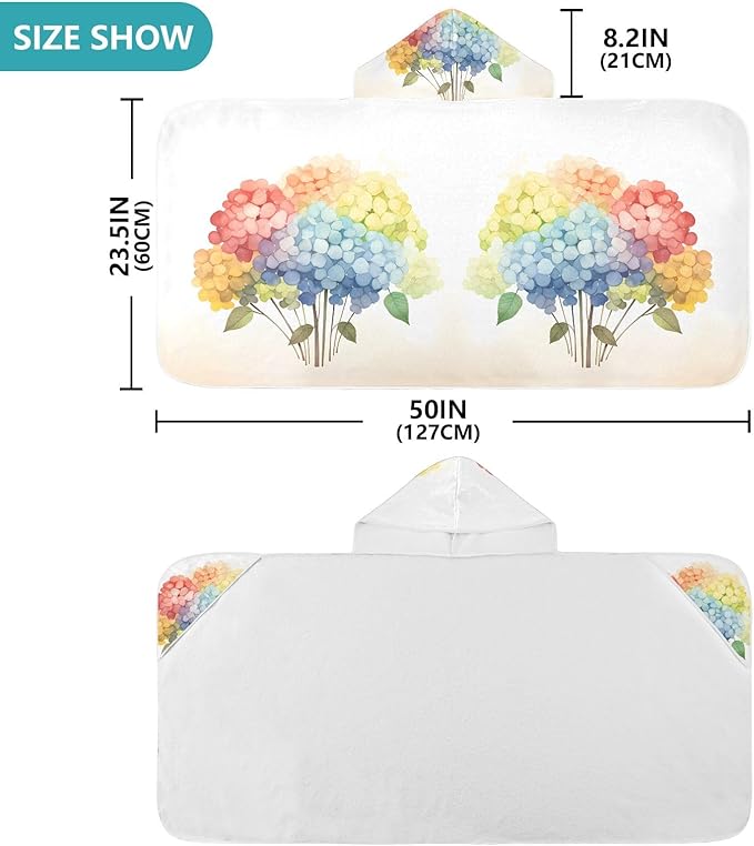 Hooded Towel for Kids Rainbow Hydrangea Pattern Beach Wrap Bath Towels 50x23.5in
