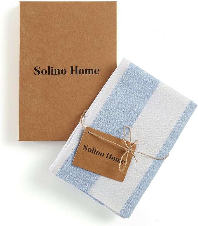 Solino Home Sky Blue and White Linen Kitchen Towels Set of 2-100% Pure Linen 17 x 26 Inch Cabana Stripe Tea Towels with Hanging Loop - European Flax Kitchen Dish Cloth - Quick Dry & Machine Washable