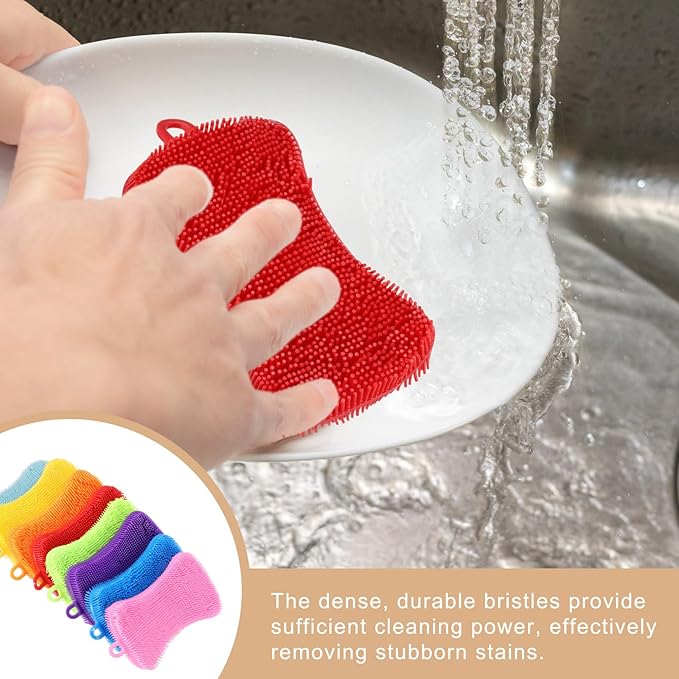 uxcell Silicone Dish Scrubber, 6 Pack Reusable Dishes Sponges Silicone Sponges Double Design for Kitchen Bathroom Cleaning Gadgets Accessories Countertop Cookware Pots Pans, Red