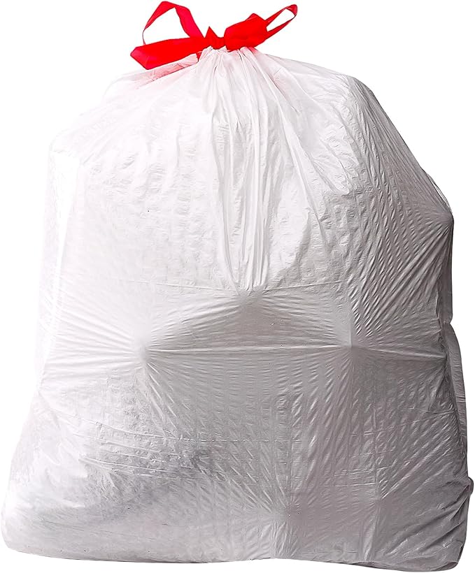 Amazon Basics 13 Gallon Tall Kitchen Drawstring Trash Bags, Flextra Strength, Tear Resistant, 10% Post Consumer Recycled, 90 Count, White