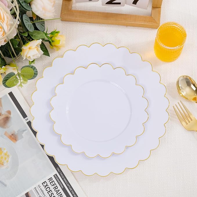 LIYH 120 Pcs White Plastic Scalloped Plates - Gold Fancy Disposable Plastic Plates Includes 60 Dinner 10.25" & 60 Dessert Plate 7.5" Elegant Gold Rim for Party Birthday Day