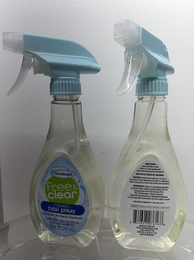 HOMEBRIGHT Foaming Dish Spray, Dye Free, No Harsh Chemicals, 10 fl oz