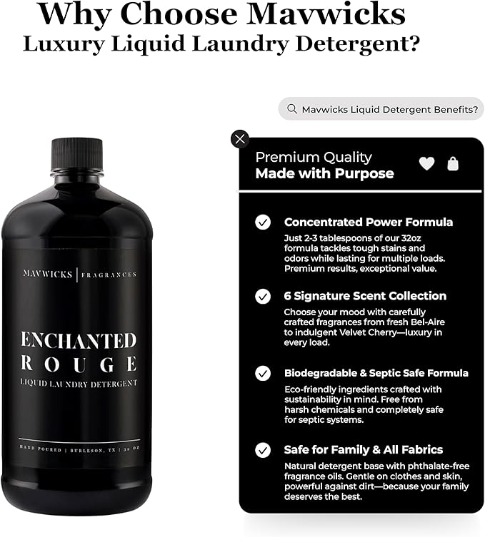 Mavwicks - Laundry Liquid Detergent (Enchanted Rouge) - 32 Oz Laundry Perfume Bottle for Men & Women, Stain & Odor Remover, Deep Clean, Long-Lasting Fragrance and Freshness for All Fabrics