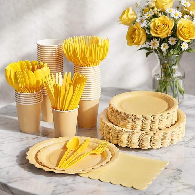 Ziliny 350 Pcs Light Yellow Plates and Napkins, 50 Guest Spring Easter Party Supplies Include Scalloped Paper Plates Napkins Cups Plastic Spoons Forks Knives Disposable Tableware Set for Baby Shower