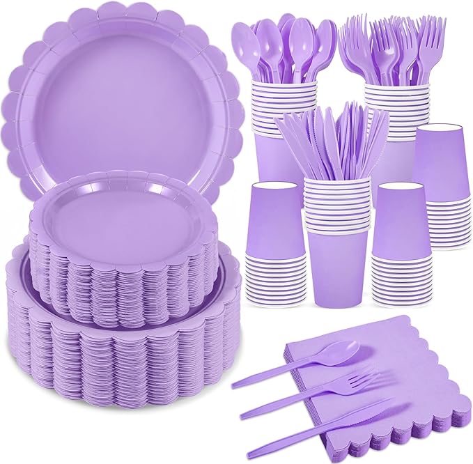 350 Pcs Lavender Paper Plates and Napkins, Light Purple Party Decorations Include Light Purple Scalloped Plate Napkins Cups Plastic Spoon Fork Knive for Girls Birthday, Baby Shower, Wedding