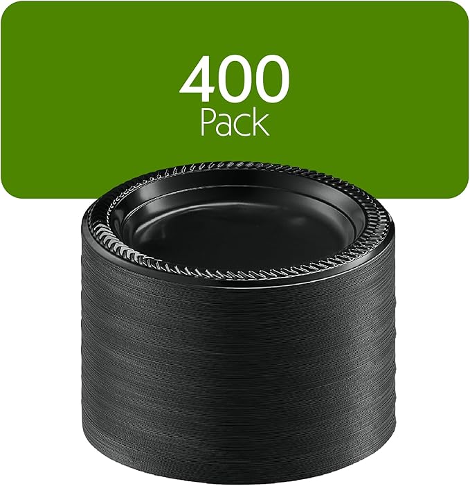 PLASTICPRO 400 PCS Black Plastic Plates Light Weight 7 Inch Plastic Dinner Dessert Appetizer Plates Black Plates Disposable for Party and Wedding