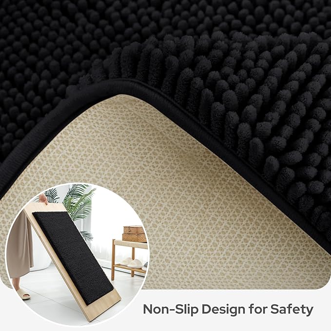BYSURE Black Bathroom Rugs Sets 3 Piece Non Slip Extra Absorbent Plush Chenille Soft Washable Bath Mats