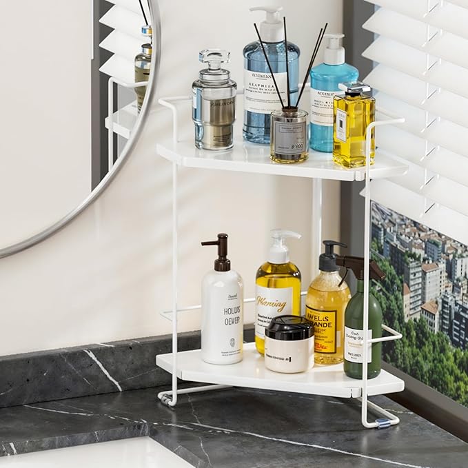 BOIVSHI 2-Tier Bathroom Counter Organizner, Bathroom Organizers and Storage for Bathroom, Kitchen Counter, Corner Storage Shelf for Bedroom, Storage, Makeup, Skincare, Perfume (White)