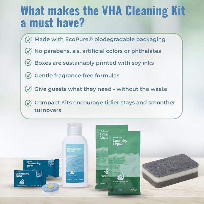 Air bnb Essentials for Hosts, Kitchen & Laundry Amenities - Dish Soap, Dishwasher Tablets, Kitchen Sponge & Travel Laundry Detergent, Pre-Packed in Premium Boxed Amenity Kits, 20 Kits - 120 pcs