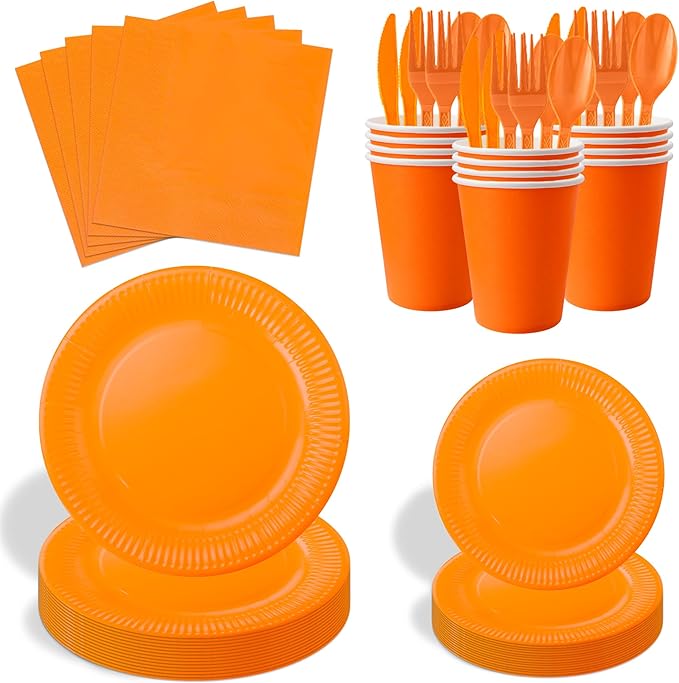 210pcs Orange plates and napkins party supplies - Plastic Silverware Cutlery, Paper Cups and Plates, Napkins Suitable for parties and birthdays Serves 30 (Orange)