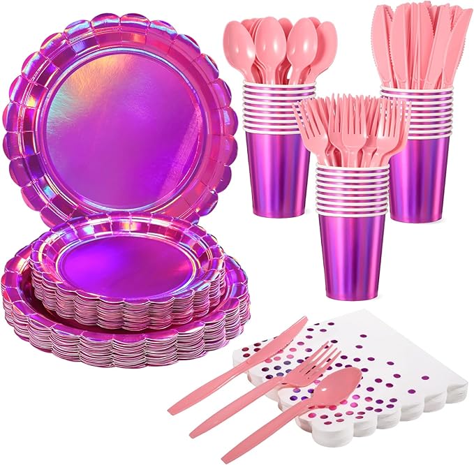 175 Pcs Iridescent Pink Party Supplies Include 25 guest Scalloped Holographic Pink Paper Plates and Napkins Set for Mermaid, Disco and Birthday Party Decor
