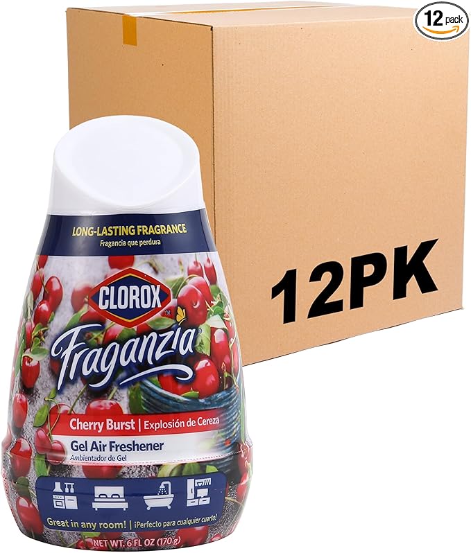 Clorox Fraganzia Gel Air Freshener Cone, Cherry Burst Scent - No-Plug, Battery-Free Air Freshener for Small Rooms, Closets, Kitchens, Bathrooms, Offices and More, 6 Ounce - 12 Pack