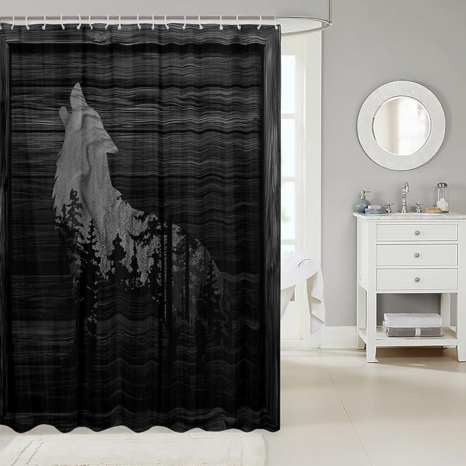 Rustic Wolf Shower Curtain Kids Farmhouse Wild Animal Bathroom Shower Curtain Set for Boys Rustic Cabin Country Bath Curtain Nature Bear Western Farmhouse Black Grey Kids Bathroom Accessories 72"x78"