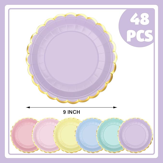 peony man 48 Pcs Pastel Scalloped Paper Plates Disposable Macaron Party Plates 9 Inch Gold Edge Colorful Dinner Plate Pastel Rainbow Dessert Plate for Wedding Birthday Baby Shower Party Supplies