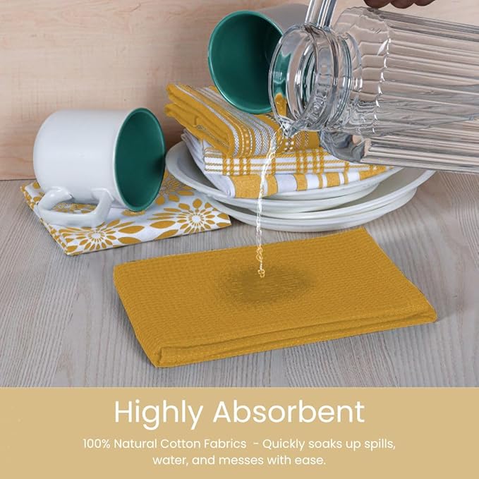 Assorted Kitchen Towels 16x26 inch 100% Cotton Set of 5 - Soft Absorbent Washable Tea Towel for Kitchen - Dish Cloths Towel with Hanging Loop - Quick Drying Dish Towels Mustard Yellow