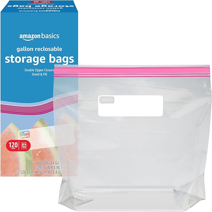 Amazon Basics Reclosable Gallon Food Storage Bags with Double Zipper Seal, Stand and Fill Base, BPA Free, 120 Count