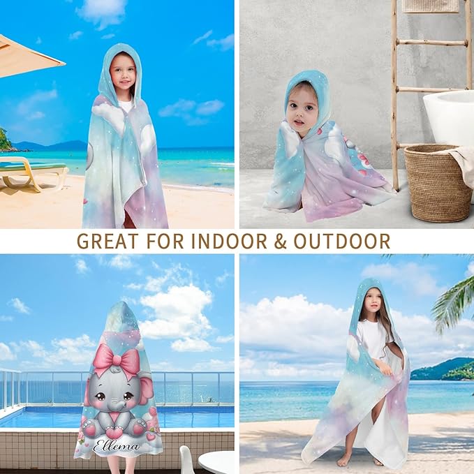 Galaxy Pink Elephant Personalized Kids Hooded Towel with Name Soft Absorbent Beach Pool Bath Towels Hood Poncho for Boys Girls