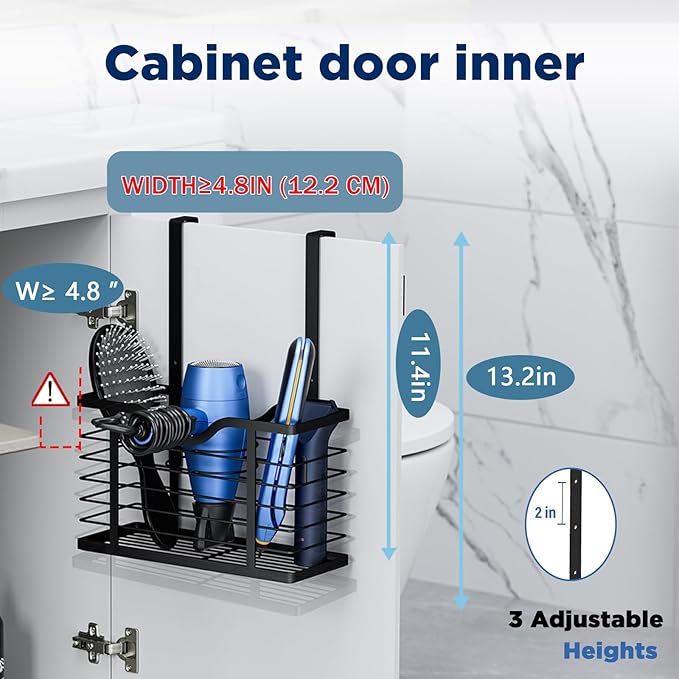 Hair Dryer Holder, 2PC Hair Tool Organizer, Blow Dryer Holder, Adjustable Height Bathroom Cabinet Organizer Tray for Hair Dryer Straightener, Curling Irons Storage Wall Mounted/Cabinet Door