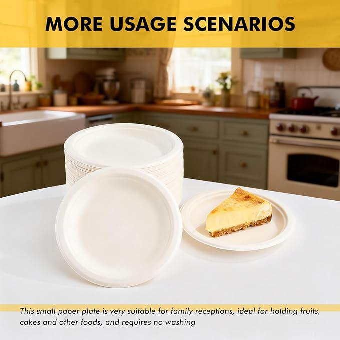 RACETOP Compostable Small Paper Plates 6 Inch [100 Pack], Dessert Plates, Disposable Biodegradable Heavy Duty Paper Plates, Made of Natural Sugarcane Fibers, Unbleached White, Round