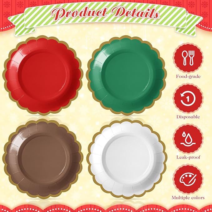 96 Pcs Christmas Paper Plates 7 Inch Red Green White Dessert Scalloped Edge Disposable Dinner Plates for Fall Halloween Wedding Birthday Baby Shower Party Supply
