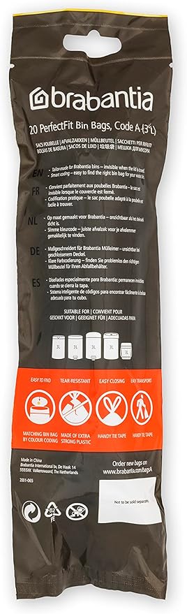 Brabantia PerfectFit Trash Bags (Size A/0.8 Gal) Thick Plastic Trash Can Liners with Drawstring Handles (200 Bags)