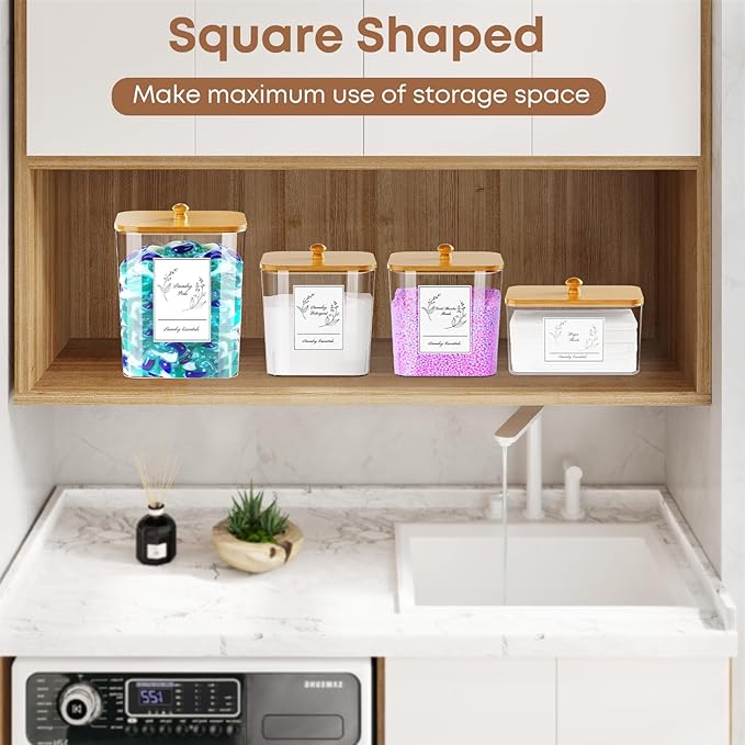 COAZEX 4 Pack Clear Laundry Pods Container & Dryer Sheet Holder, Plastic Square Laundry Room Organization and Storage Jars with Lids, Scoops & Labels for Detergent, Powder, Dryer Balls, Beads