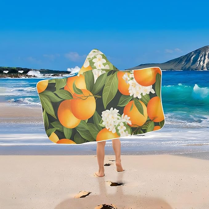 Hooded Towel for Kids Oranges and Blossoms Pattern Beach Wrap Bath Towels 50x23.5in