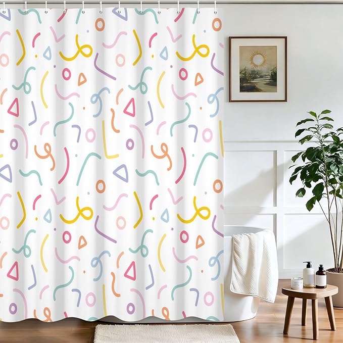 Cute Colorful Doodle Shower Curtains Playful Confetti Shower Curtain Decorative for Bathroom Pastel Waterproof Fabric Bathroom Decorations with Hooks 72x96 Inches