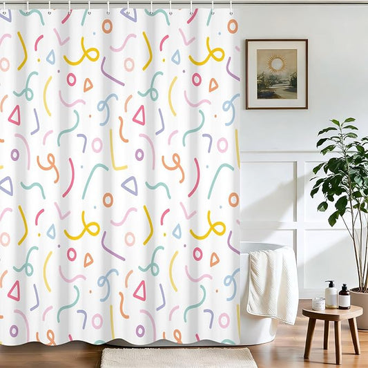 Cute Colorful Doodle Shower Curtains Playful Confetti Shower Curtain Decorative for Bathroom Pastel Waterproof Fabric Bathroom Decorations with Hooks 84x72 Inches