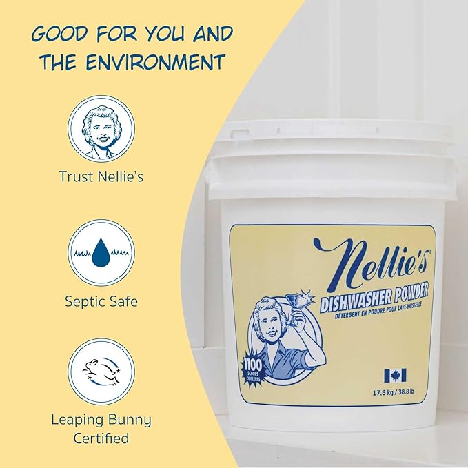 Nellie's Dishwasher Powder - Superior Grease Penetration, Powerful Plant-Based Formula, Safe for Septic Systems, Advanced Food Particle Dislodging, Eco-Conscious Cleaning - 1,100 Scoop Bulk Bucket