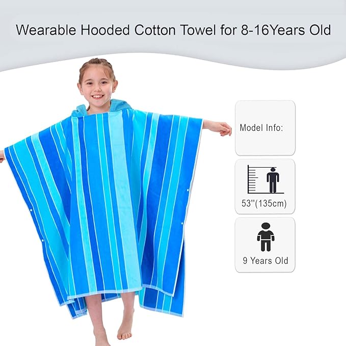 VOOVA & MOVAS Teens Poncho Towel with Hood (8-16Years), 100% Cotton Thick Poncho Towel Robe for Teens, Perfect for Pool, Beach, Bath and Gifts,Blue Stripe