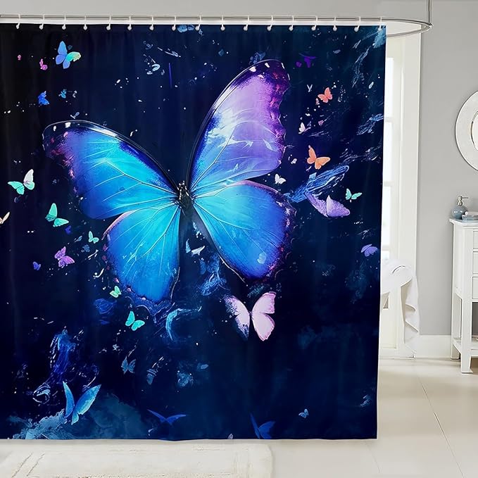 Homewish Butterflies Shower Curtain Blue Butterfly Bathroom Shower Curtain Set for Kids Adult Painting Marble Bath Curtain Watercolor Butterfly Waterproof Curtains Room Decor 72 x 72 Inch