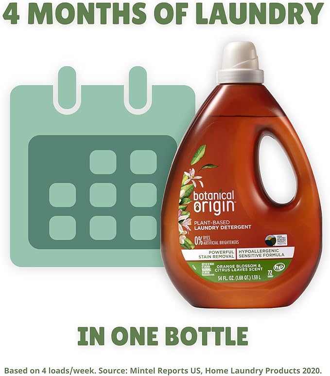 Botanical Origin Plant-based Laundry Detergent Orange Blossom and Citrus Leaves, 54 oz (72 loads)