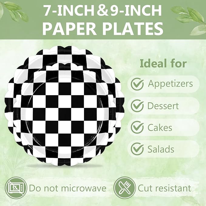Mulbozy 100 Black Checkered Plates and Napkins Disposable Set Includes 25-9" & 25-7" Dessert Cake Scalloped Plates, Cocktail Napkins, Forks for for Holiday Party Supplies