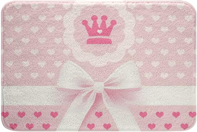 Pink Cartoon Bowknot Kids Bath Mats,Crown Love Heart Princess Romantic Mats Rugs for Girls,Geometric Bow Tie Patchwork Bath Carpets,Fashion Bath Rugs,Absorbent Floor Mats,20Wx32L Inches