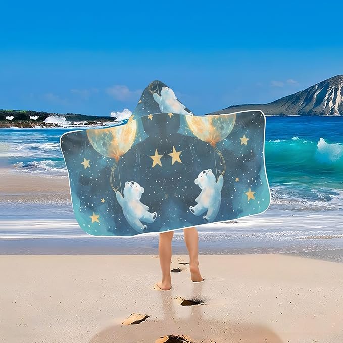 Hooded Towel for Kids Lovely Blue White Bear Flying in Starry Sky Beach Wrap Bath Towels 50x23.5in