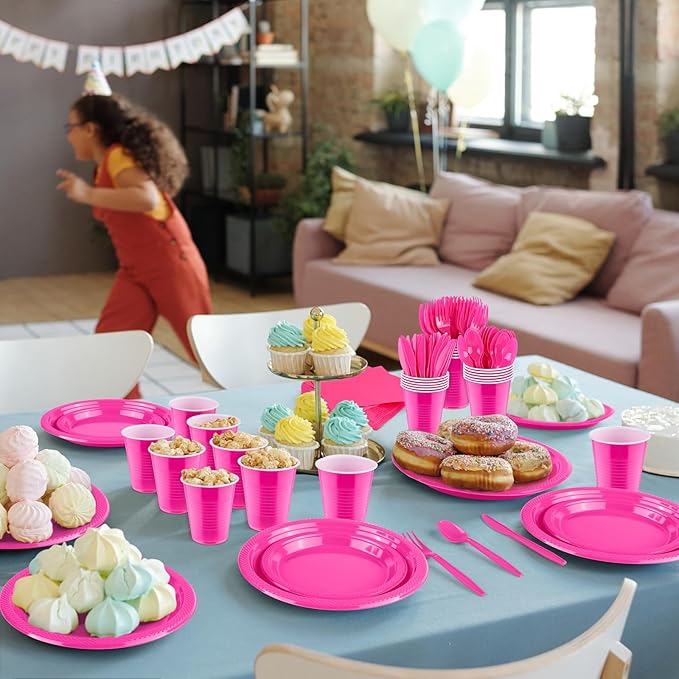 Aodaer 200 Pieces Hot Pink Party Supplies Disposable Dinnerware Set Include Plastic Plates Cups Knives Forks Spoons Paper Napkins for Birthday Wedding Graduation Parties, Serve 25 Guests