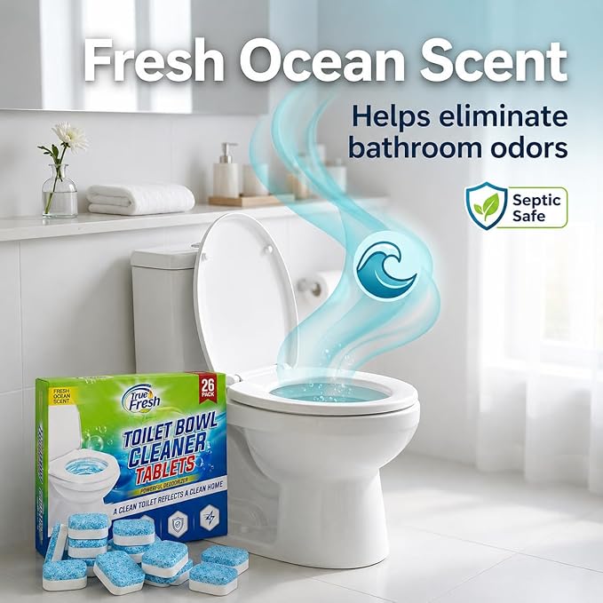 True Fresh Toilet Bowl Cleaner Tablets 26 Pack Deodorizer & Septic Safe Deep Cleaning, Odor Eliminator, Stain Remover for Long-Lasting Freshness Fresh Ocean Scent