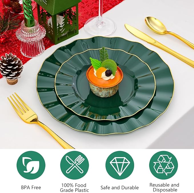 60Pcs Heavy Weight Green Plastic Plates with Gold Trim, Heavy Duty Green Disposable Plate, Elegant Party Plate Sets include 30 Dinner & 30 Dessert Plates for Wedding Party
