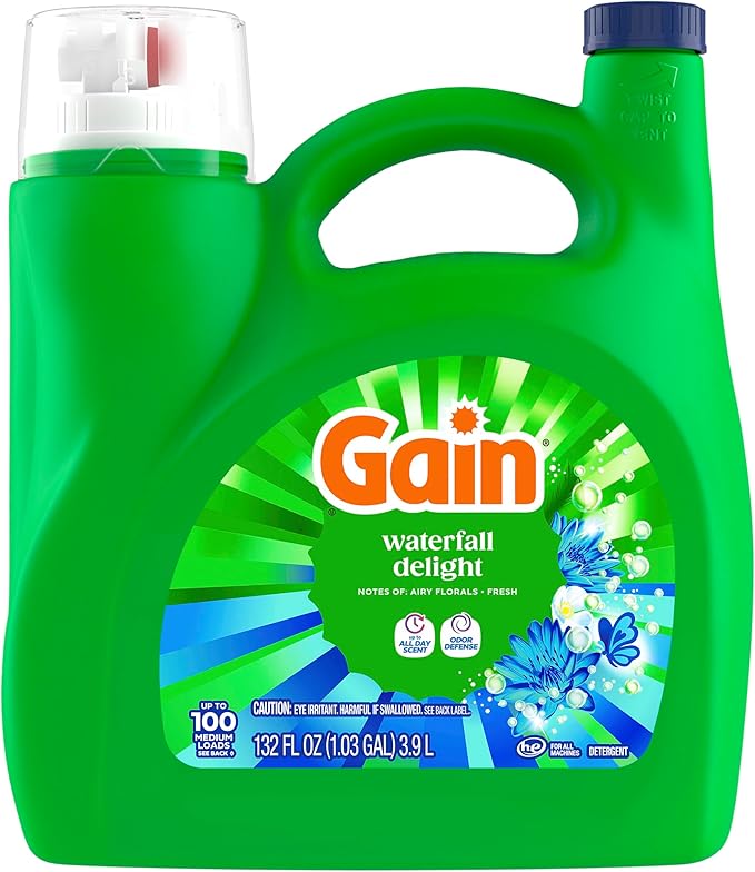 Gain Liquid Laundry Detergent with Odor Defense, Waterfall Delight Scent, Laundry Soap For HE Washing Machines, 132 fl oz, 100 Loads (Packaging May Vary)