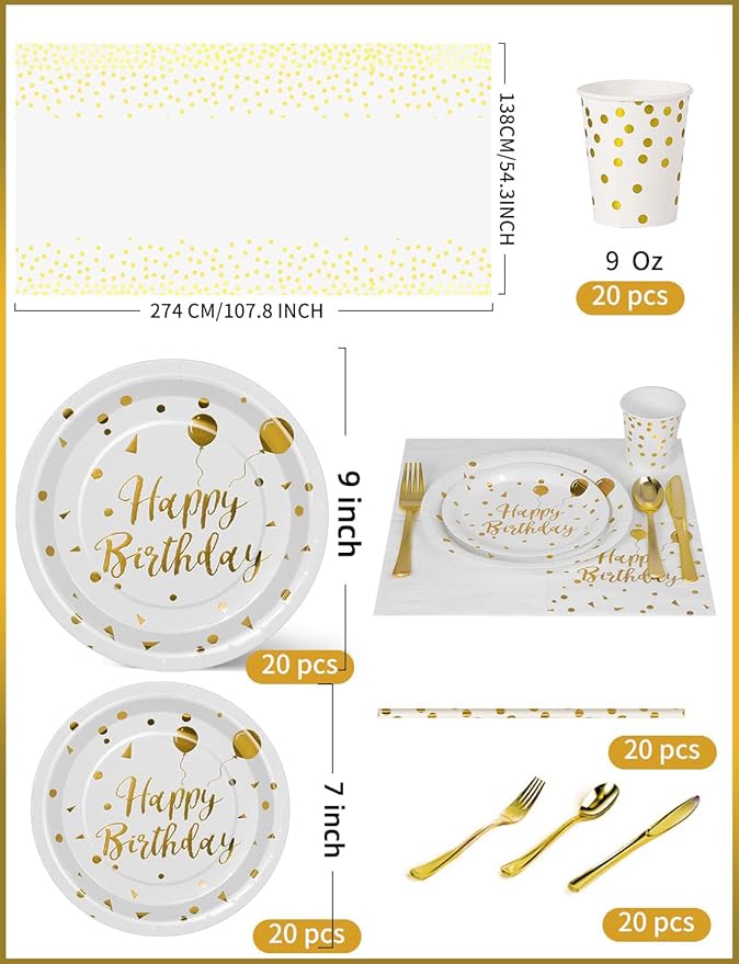Nkaiso Birthday Party Tableware, 161 Pieces White Gold Party Supplies, Party Dinnerware Sets Include Paper Plates Napkins Cups Silverware, for Shower Engagement Parties Decoration -20 Serves