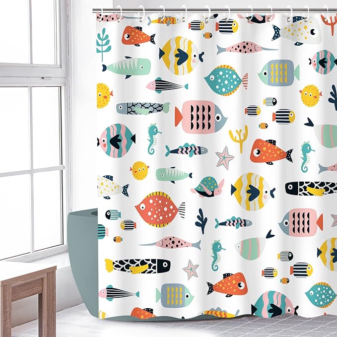 RosieLily Fish Shower Curtain, Kids Bathroom Nautical Set With 12 Hooks, Waterproof Colorful Animal Cartoon Fish Decor, 72 x 84 Inch