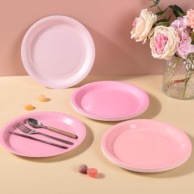 AimFun 48Pcs Pink Paper Plates Gradient Color Party Plate 9 Inch Disposable Round Dinner Dessert Plates for Pink Bow Birthday Wedding Baby Bridal Shower Coquette Party Supplies