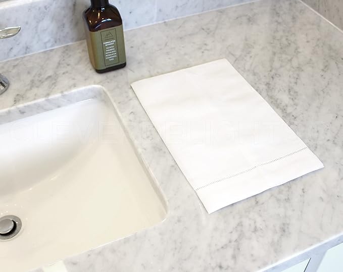CleverDelights White Linen Hemstitched Hand Towels - 6 Pack - 14" x 22" - Fingertip Towel