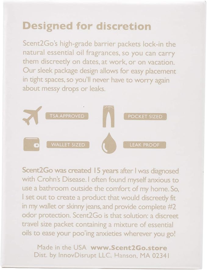 Scent2Go Toilet Fragrance Powder - Discreet Travel Size Packet - Leak Lock Design - Plant Based Formula - Lemon + Mint - 20 Single Use Packets