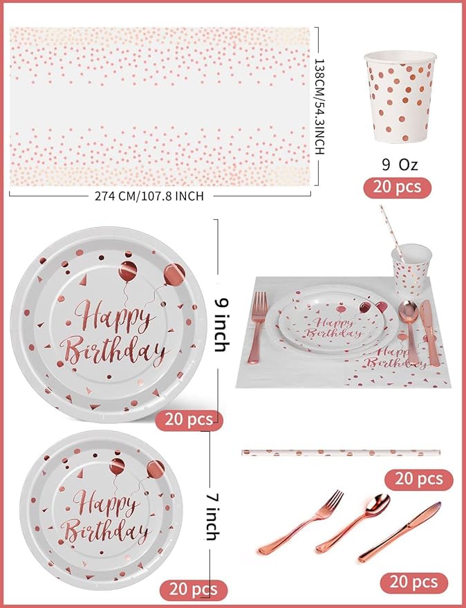 Nkaiso Birthday Party Tableware, 161 Pieces Rosegold Party Supplies, Party Dinnerware Sets Include Paper Plates Napkins Cups Silverware, for Shower Engagement Parties Decoration -20 Serves